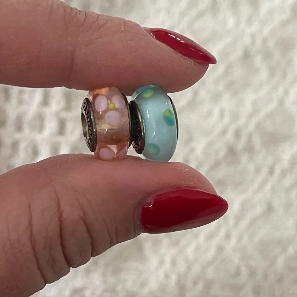 TWO Pandora Murano glass charm bead in pink and teal - Picture 1 of 8
